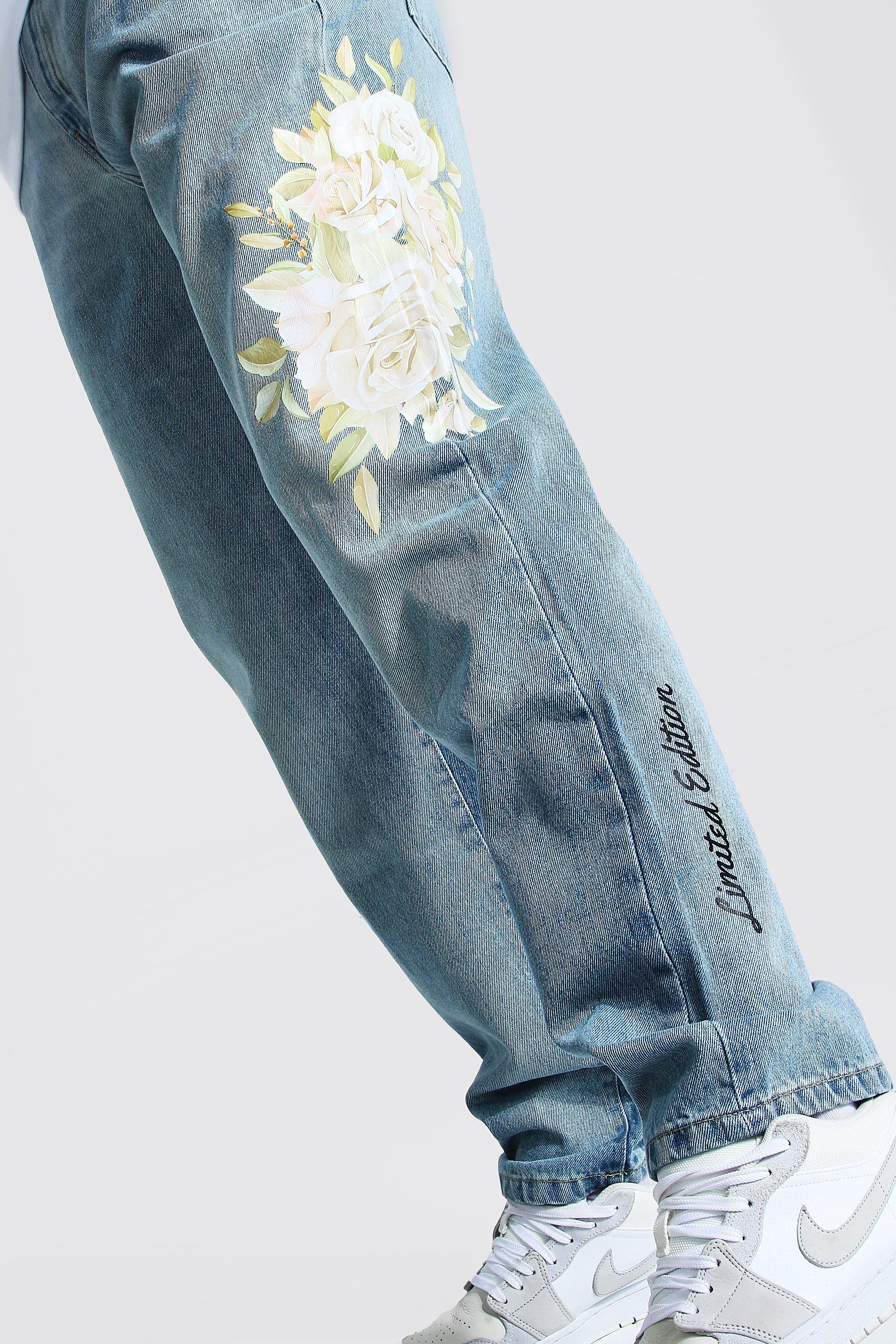Relaxed Fit Flower Print Jean | boohoo